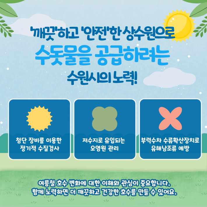 '깨끗'하고 '안전'한 상수원으로 수돗물을 공급하려는 수원시의 노력! 첨단 장비를 이용한 정기적 수질검사 저수지로 유입되는 오염원 관리 부력수차 수류확산장치로 유해남조류 예방 여름철 호수 변화에 대한 이해와 관심이 중요합니다. 함께 노력하면 더 깨끗하고 건강한 호수를 만들 수 있어요.